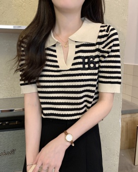 Retro short sleeve all-match knitted stripe tops for women