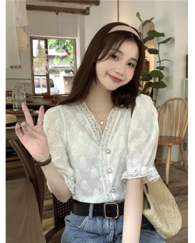 White V-neck tops pearl buckle embroidery shirt for women