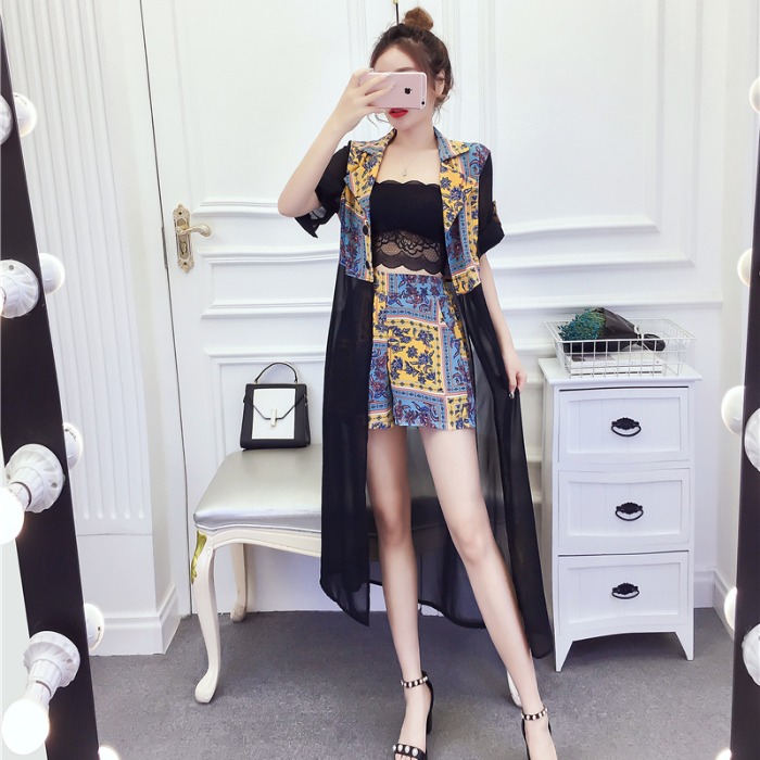 Fashion printing shorts summer temperament tops 3pcs set