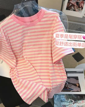 Summer round neck stripe T-shirt pink short sleeve tops