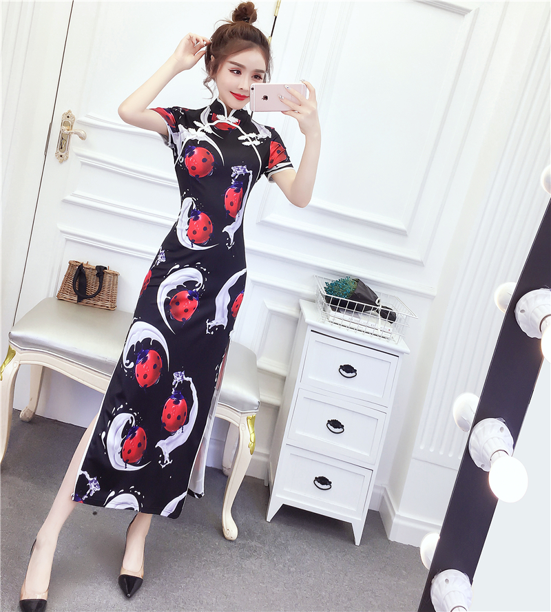 Split ladies summer dress fashion printing cheongsam