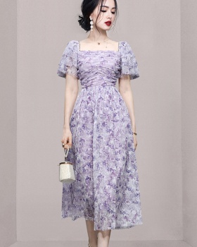 France style slim floral printing purple dress for women
