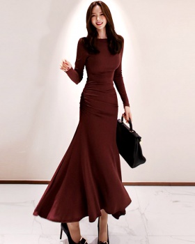 Pinched waist fold long dress autumn formal dress