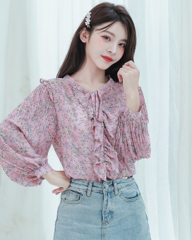 Chiffon sweet floral small shirt Korean style all-match tops
