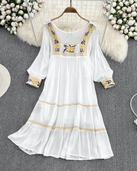 Embroidery vacation long dress square collar dress