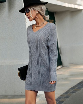Knitted gray long sleeve pure sweater dress