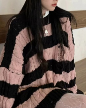 Lazy stripe twist pullover holes long loose sweater