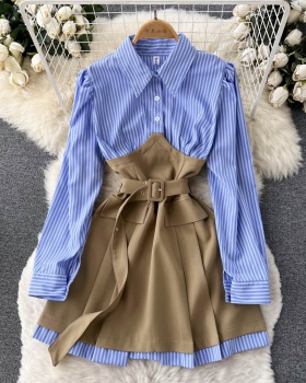 Pinched waist mixed colors shirt autumn T-back for women