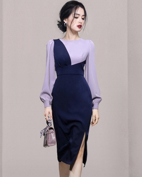 Mixed colors round neck split dress for women