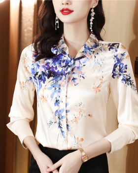 Autumn unique tops silk printing shirt for women