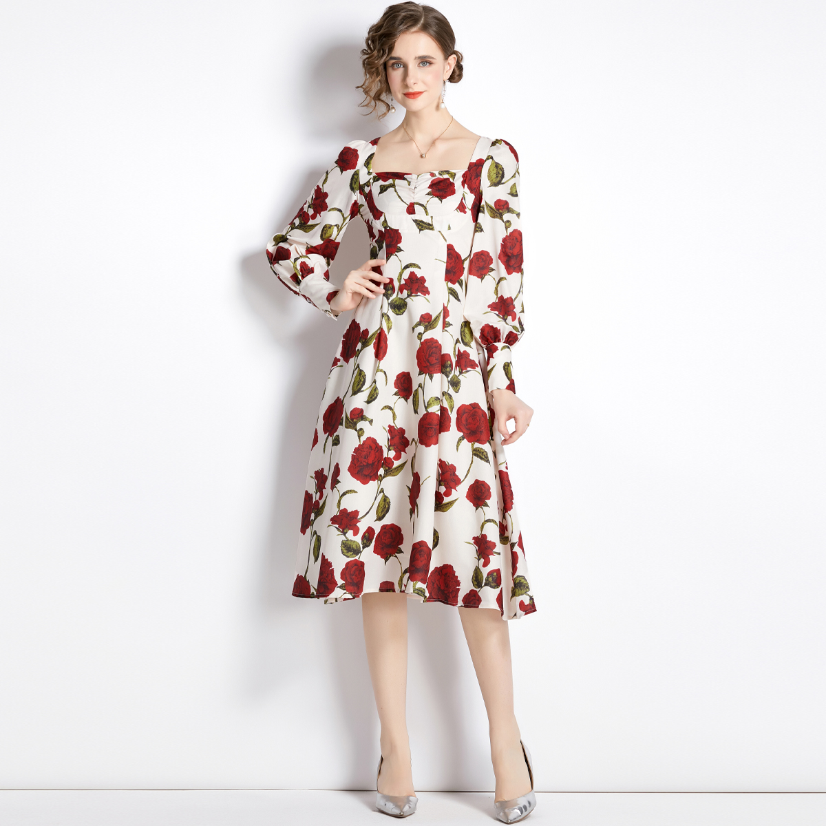 Retro autumn long sleeve France style long rose dress