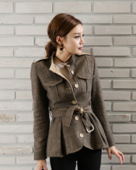 Fashion pinched waist long sleeve woolen coat for women
