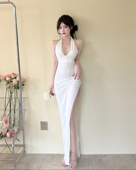 Sexy slim split fashion low-cut halter dress for women