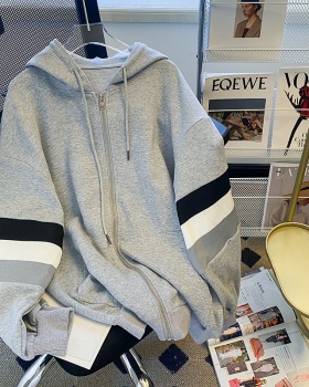 Hooded zip Casual hoodie gray mixed colors tops for women