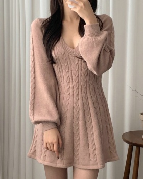 Twist pattern sweater lantern sleeve dress for women