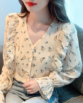 V-neck wood ear tops retro floral shirt for women