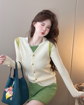 V-neck knitted sweater mixed colors strapless coat for women