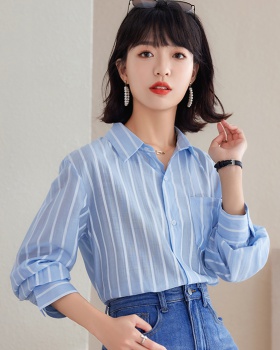 Casual retro long sleeve shirt stripe loose shirts for women