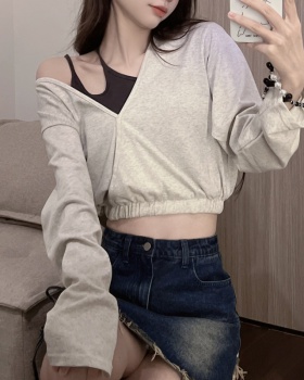 Long sleeve Casual tops Pseudo-two strapless hoodie for women
