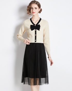Gauze long sleeve Pseudo-two bottoming long knitted dress