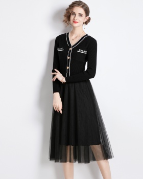 Bottoming Pseudo-two long sleeve splice knitted dress
