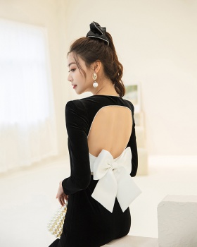 Slim France style retro big bow black velvet dress for women