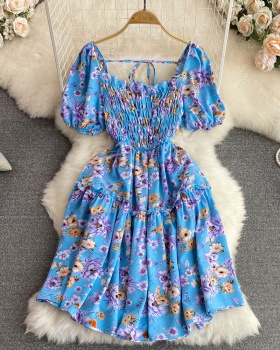 Retro pinched waist floral dress for women