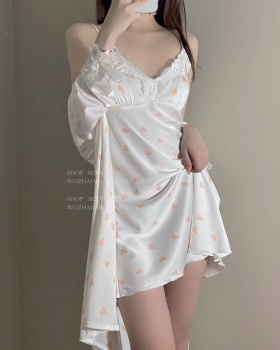 With chest pad autumn pajamas summer silk nightgown 2pcs set