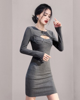 Slim package hip knitted pinched waist dress