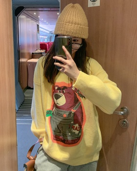 All-match bear knitted large yard printing sweater for women