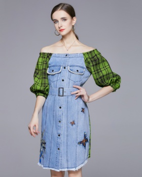 Denim splice autumn embroidery plaid flat shoulder dress