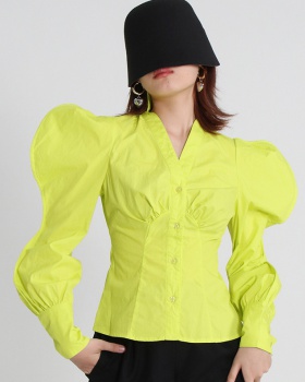Puff sleeve simple fashion shirt V-neck slim tops for women