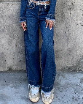 Denim navel coat short wide leg jeans 2pcs set for women