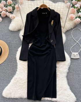 Long sleeve short business suit spicegirl sling dress 2pcs set