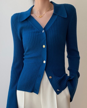 Autumn V-neck knitted cardigan blue slim tops for women