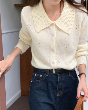 Crochet hollow Korean style coat lapel long sleeve sweater