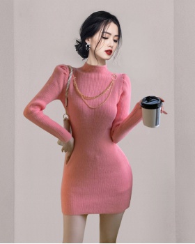 Puff sleeve package hip knitted slim dress