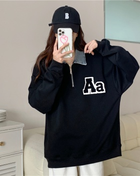 Denim collar loose Korean style hoodie for women