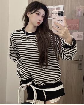 Pseudo-two Korean style hoodie stripe tops for women