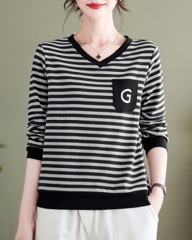 Autumn pure cotton tops stripe T-shirt for women