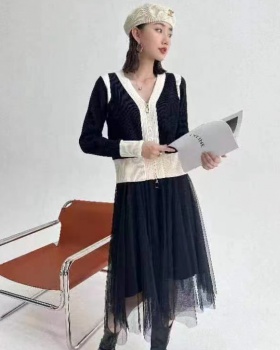 Long gauze long sleeve bottoming knitted skirt 2pcs set