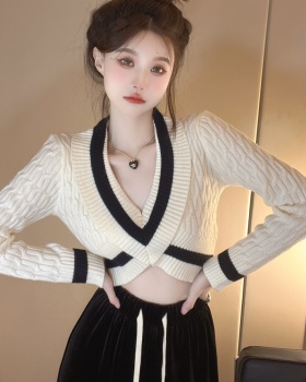 V-neck short spicegirl sweater autumn navel tops for women