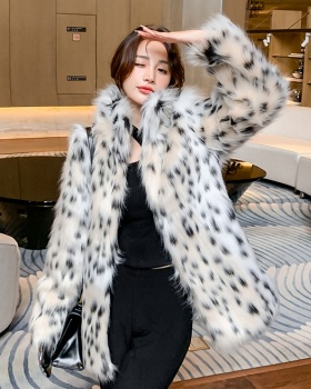 Elmo faux fur long leopard winter Korean style coat for women
