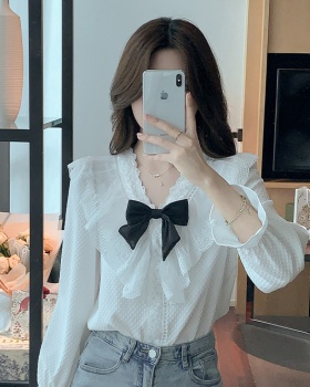 Lace France style tops bow chiffon shirt for women