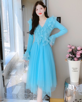 V-neck lace beading knitted lady dress for women