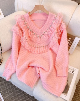 Autumn lace sweet tops all-match beading sweater for women