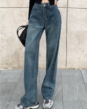 Slim high waist jeans navy blue long pants for women