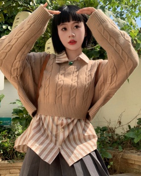 Short autumn shirt stripe retro sweater 2pcs set