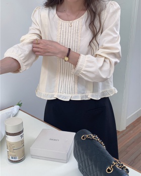 Long sleeve short Korean style lace round neck sweet shirt