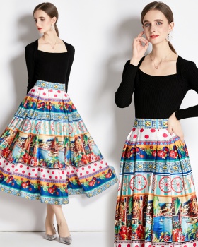Autumn national style skirt big skirt slim sweater a set